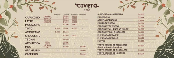 Civeto CafÉ menu