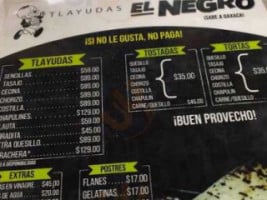 Tlayudas El Negro menu