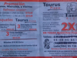 Taurus Pizza menu