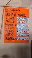 La Escondida menu