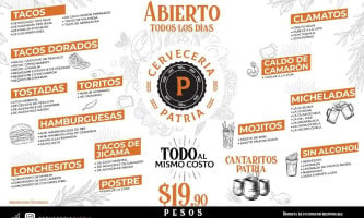 Cerveceria Patria Tlajomulco menu