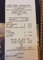 Hacienda Guadalupe menu